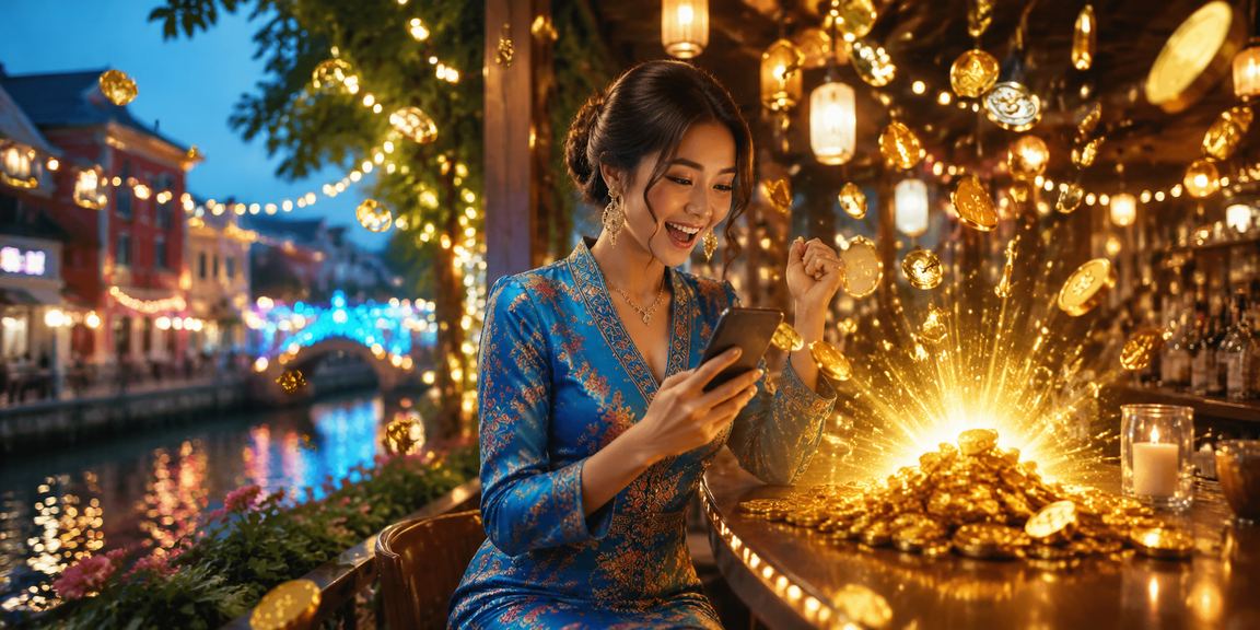 Pemain wanita berbaju kurung menikmati permainan slot dalam talian di Melaka.